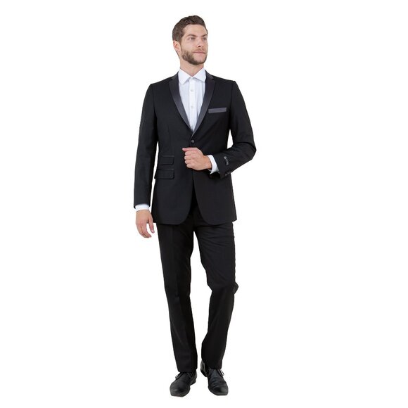 Mens Black Blazer Slim Fit w/ Satin Notch Lapel - Picture 3 of 4
